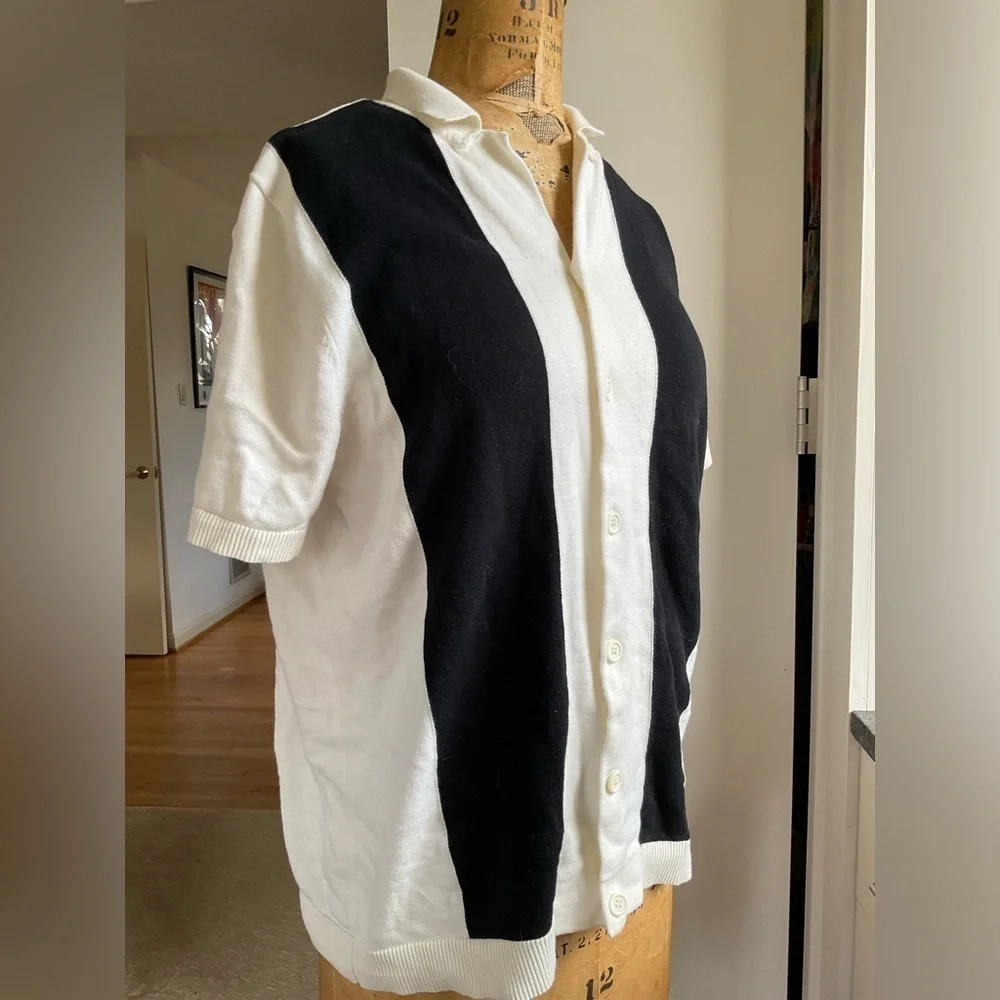 Topman Retro Camp Collar Knit Polo Cardigan, Black/Ivory, XL, MSRP $89 🖤🤍🖤🤍